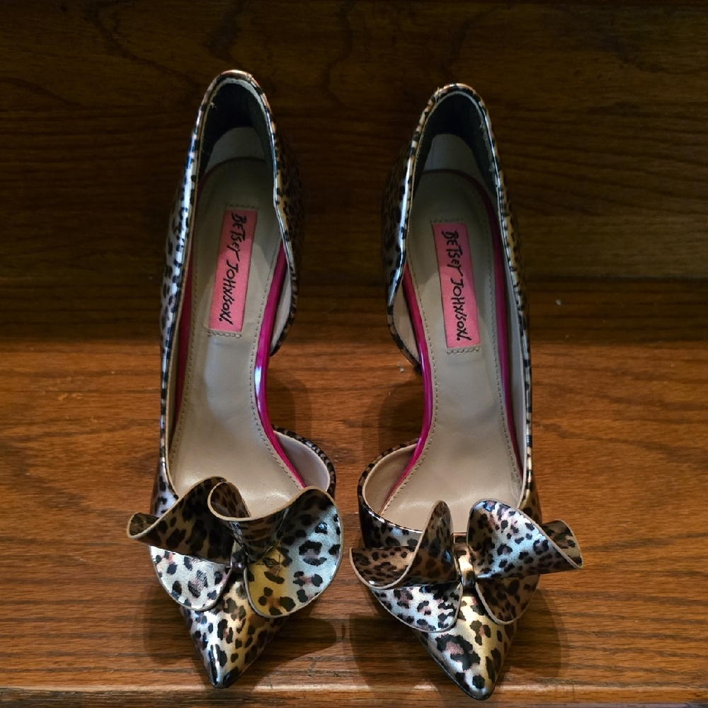 Betsey Johnson Leopard Print Heels with Bow Accent
